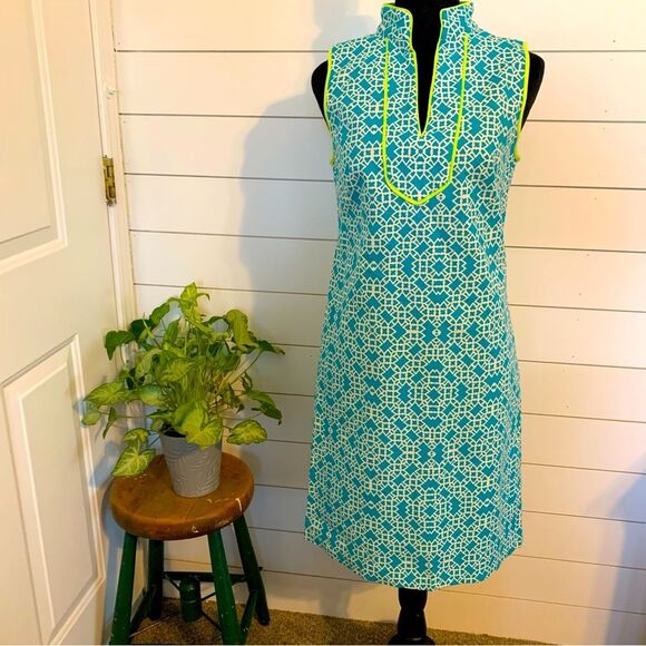 Eliza J Turquoise White Geometric Brunch Sleeveless Shift Dress Womens 4 - Picture 1 of 12